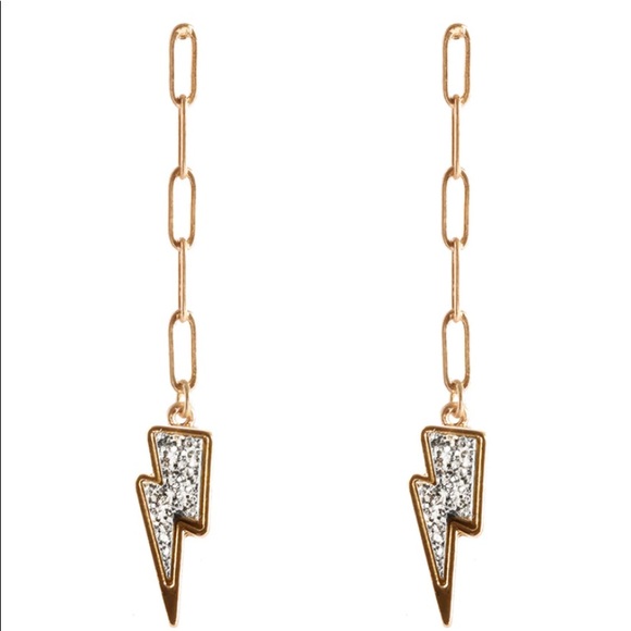 SILVER DRUZY LIGHTNING BOLT & GOLD METAL CHAIN LINK 2.5” DANGLE POST EARRINGS - Picture 4 of 4